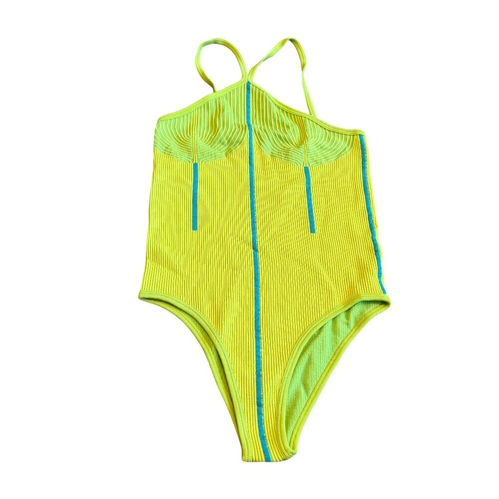 Zara Bright Green Stretchy Ribbed Bodysuit Spaghetti Strap Layering Size XS